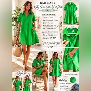 🌿 Old Navy Kelly Green Cotton Shirt Dress – Size L